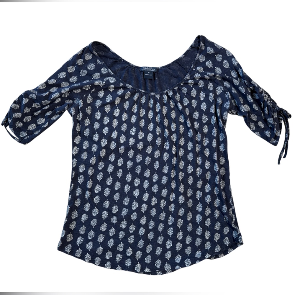 Lucky Brand Live In Love Top Blouse Flower Bouquet Print Navy Blue Medium
